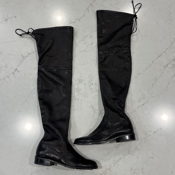 Stuart Weitzman Over Knee Boots Black Leather Womens Sz 4 Low Stacked Heel - Picture 1 of 16